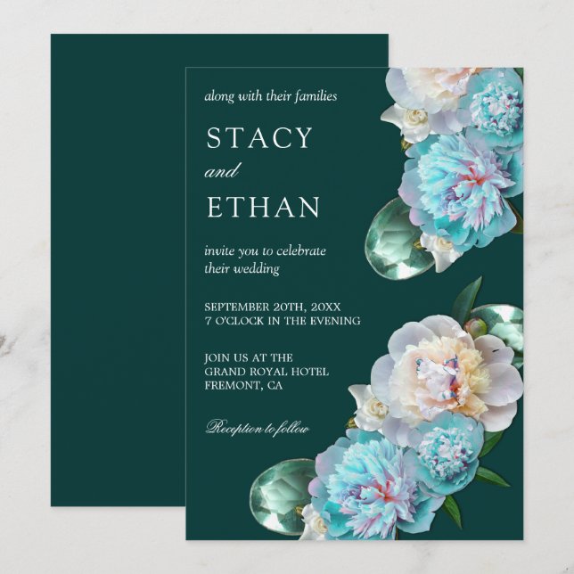 Invitation Gemmes vertes et pivoines turquoise Mariage floral (Devant / Derrière)