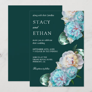 Invitation Gemmes vertes et pivoines turquoise Mariage floral