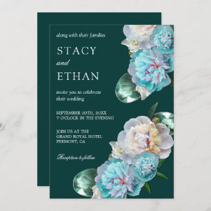 Invitation Gemmes vertes et pivoines turquoises Mariage flora