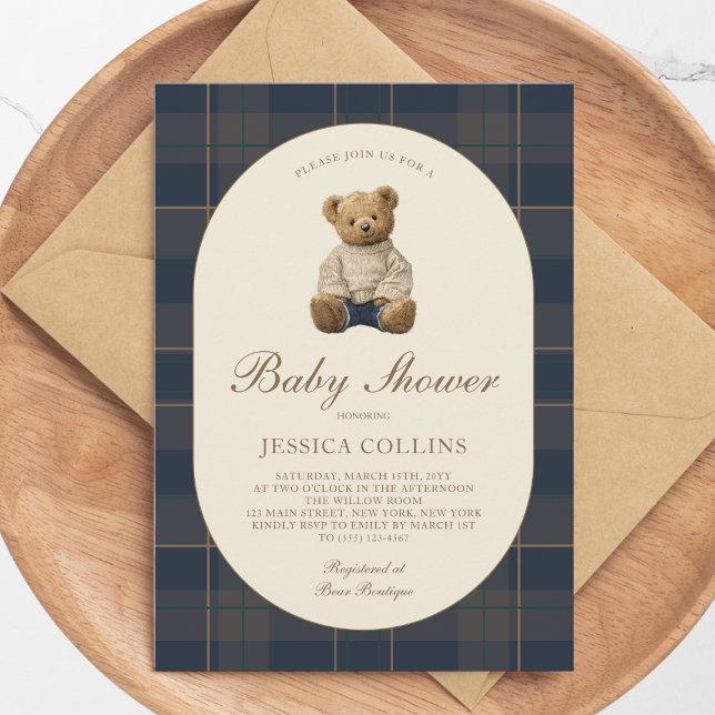Invitation Gender Neutral Brown Blue Teddy Bear Baby Shower (Gender Neutral Brown Blue Teddy Bear Baby Shower Invitation)