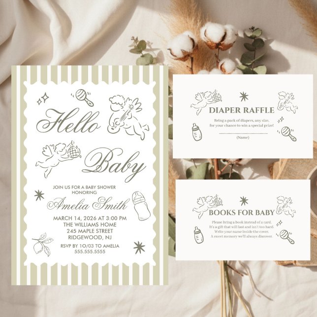 Invitation Gender Neutral doodle cupid Baby Shower Green (Créateur téléchargé)