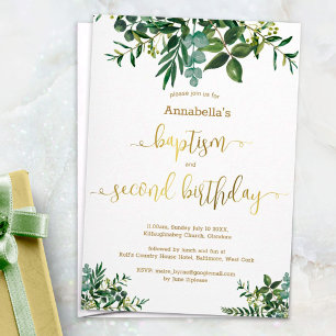 Invitation Gender neutral green gold baptism & 2nd birthday