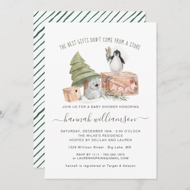 Invitation Gender Neutral | Winter Christmas Baby Shower (Devant / Derrière)