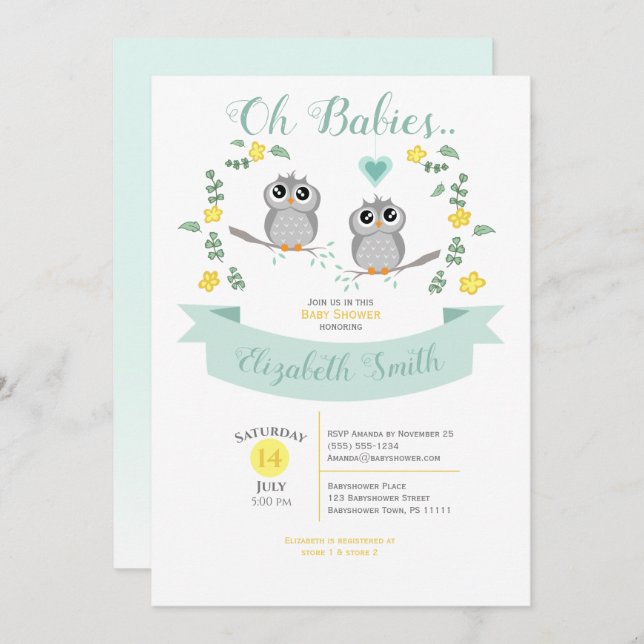 Invitation Gender neutre Twin Cute owls baby shower (Devant / Derrière)