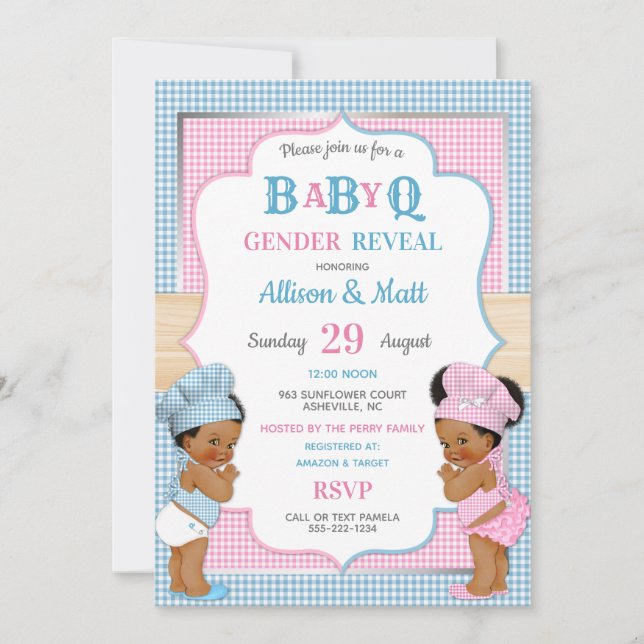 Invitation Gender Reveal Baby Q BBQ Pink Blue Gingham (Devant)