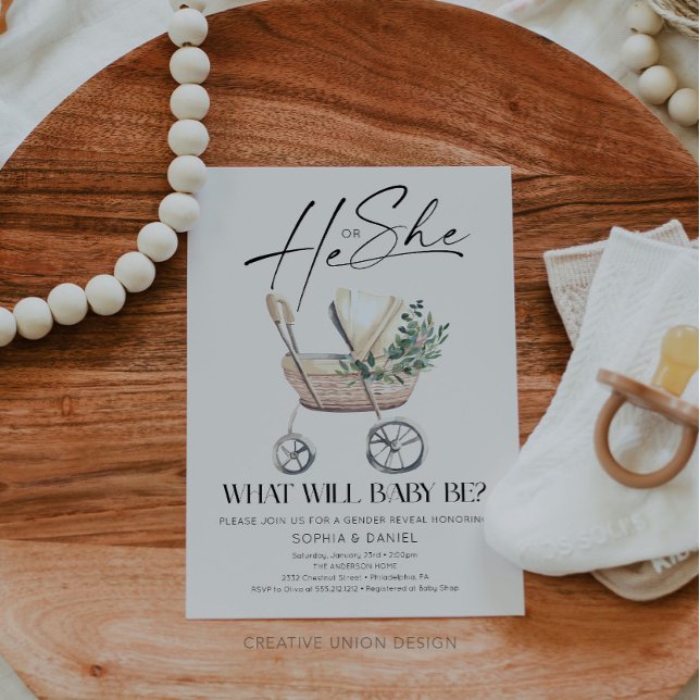 Invitation Gender Reveal Boho Baby Stroller Baby Shower  (Créateur téléchargé)