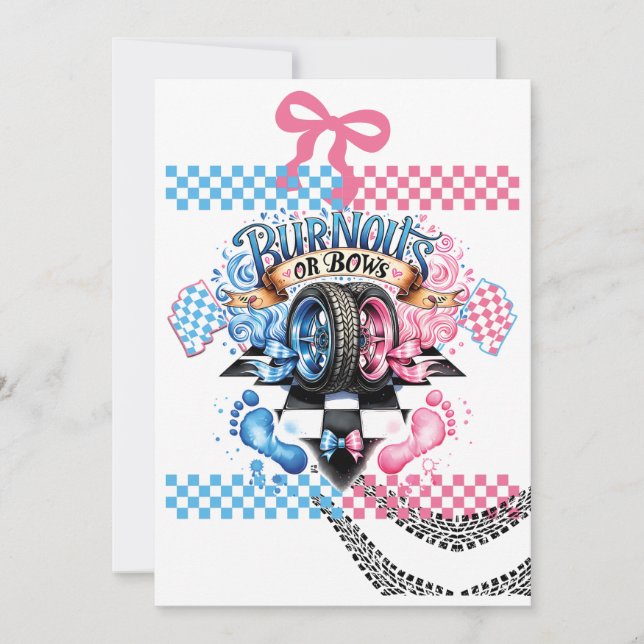 Invitation Gender Reveal Boy or Girl Party Cars Bows (Devant)