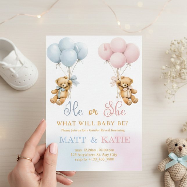 Invitation Gender Reveal "He or She Bear Balloons Blue Pink  (Créateur téléchargé)