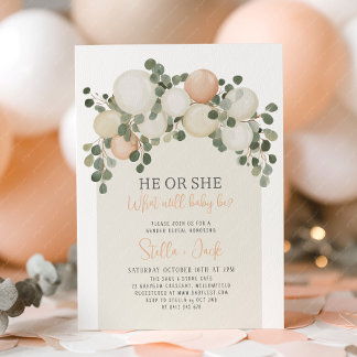 Invitation Gender Reveal He or She Greenery Balloons 