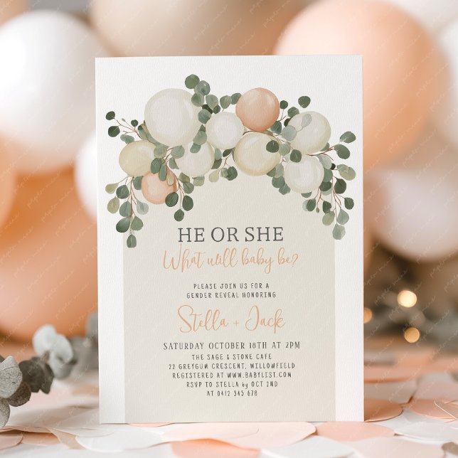 Invitation Gender Reveal He or She Greenery Balloons  (He or She Gender Reveal Invitation | Sage green arch balloon garland invitation)