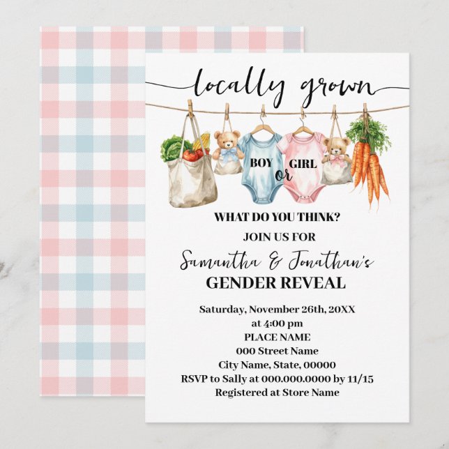 Invitation Gender Reveal Locally Grown Baby is coming (Devant / Derrière)