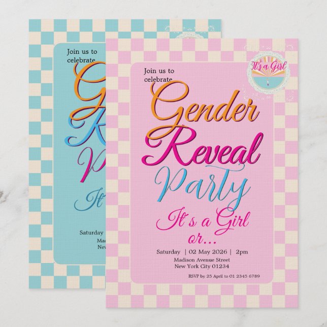 Invitation Gender Reveal Two-Sided Blue-Pink Plaid Checkered (Devant / Derrière)