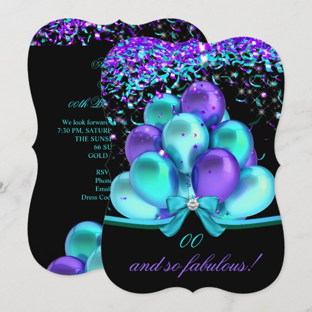 Invitation Génial Rubans Turquoise Violet Ballons Anniversair (Devant / Derrière)