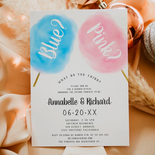 Invitation Genre mignon moderne révéler coton bleu rose bonbo (Modern cute gender reveal blue pink cotton candy invitation)