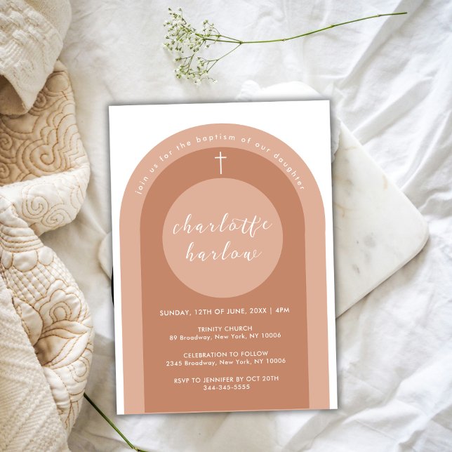 Invitation Genre Neutre Boho Arch Cross Girl Baptism (Gender Neutral Boho Arch Cross Girl Baptism Invitation)
