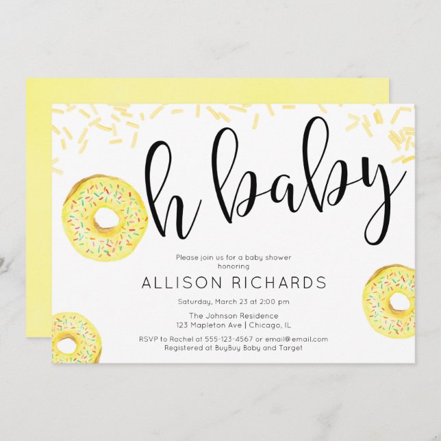 Invitation Genre neutre jaune Oh bébé baby shower Donut (Devant / Derrière)