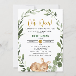Invitation Genre neutre Oh cerf verdure baby shower or
