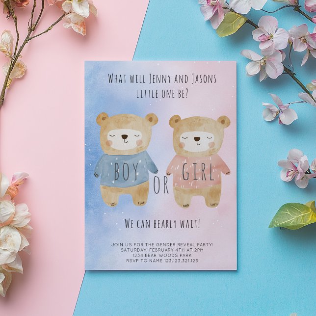 Invitation Genre Reveal Ours étoile rose bleu arrière - plan (Cute sleepy bears one in pink, on in blue gender reveal invitation card. The card says "Boy or Girl")