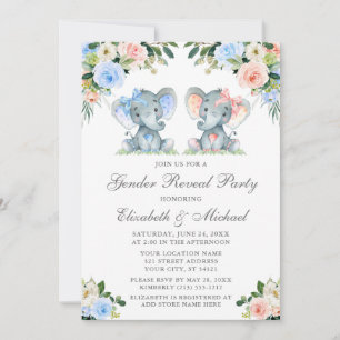 Invitation Genre Révéler Baby Elephants Bleu Rose Floral
