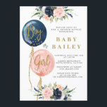 Invitation Genre révéler baby shower invitation, bébé ballon<br><div class="desc">Balloon Genre révéler baby shower invitation,  floral Genre révéler,  marine bleu et rose invitation</div>