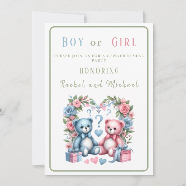Invitation Genre révéler baby shower Teddy Ours bleu rose (Devant)
