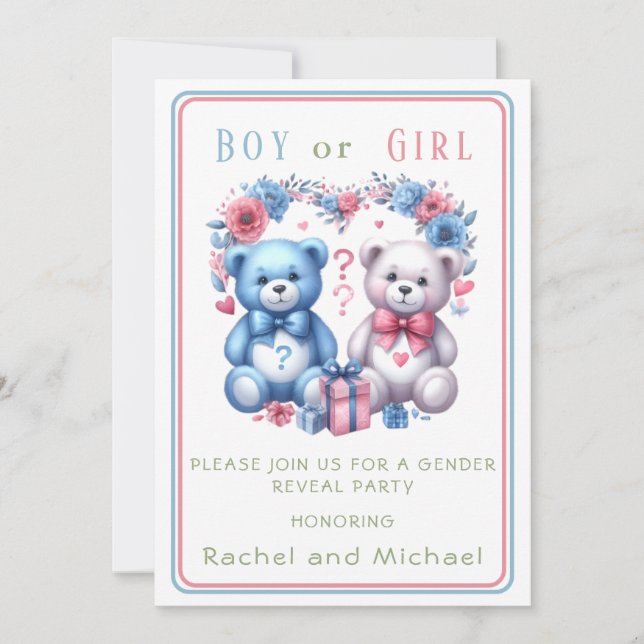 Invitation Genre révéler baby shower Teddy Ours bleu rose 4 - (Devant)