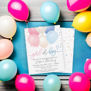 Invitation Genre Révéler Ballons et Confetti rose et bleu