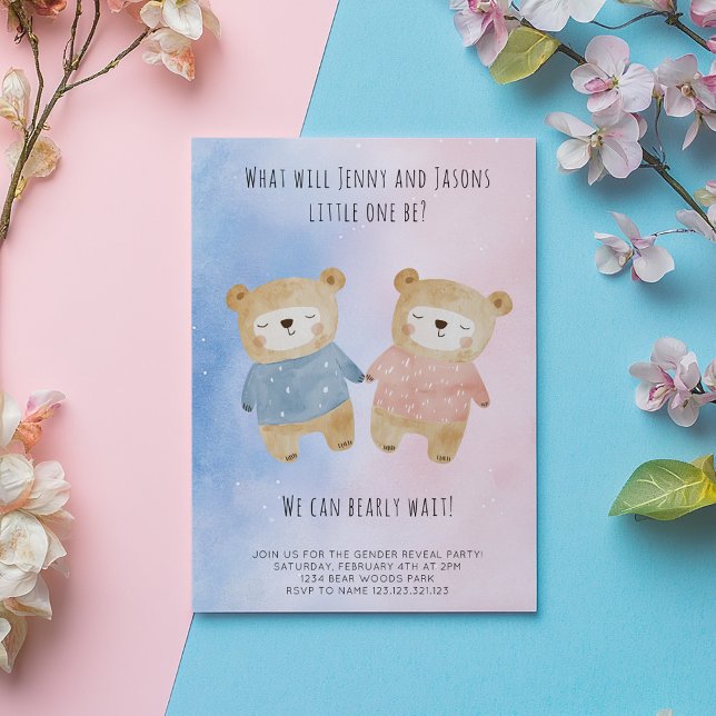 Invitation Genre Révéler nounours mignons étoile rose bleu (Cute sleepy bears in pink and blue gender reveal invitation card. The card says "we can bearly wait.)