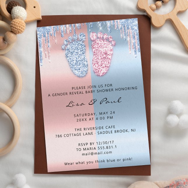 Invitation Genre Révéler Pieds Parties scintillant Rose Bleu  (Gender Reveal Feet Glitter Pink Blue Baby Boy Girl Invitation)