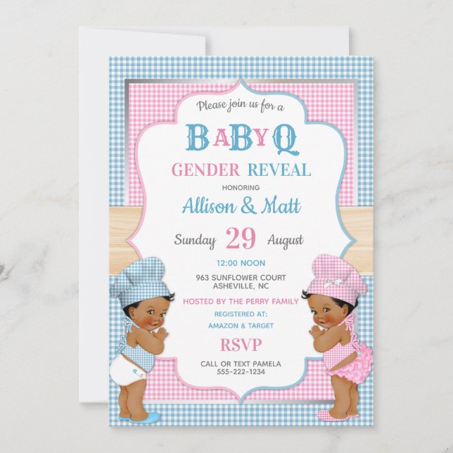 Invitation Genre Revey Baby Q BBQ Rose Bleu En vichy (Devant)