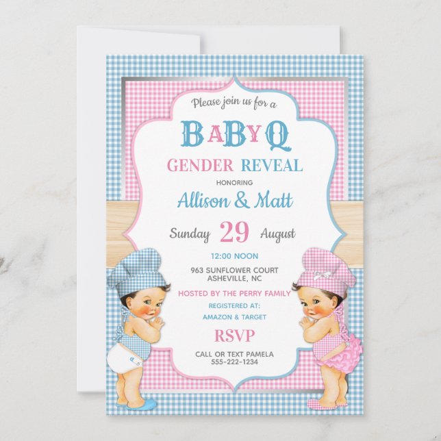 Invitation Genre Revey Baby Q BBQ Rose Bleu En vichy (Devant)