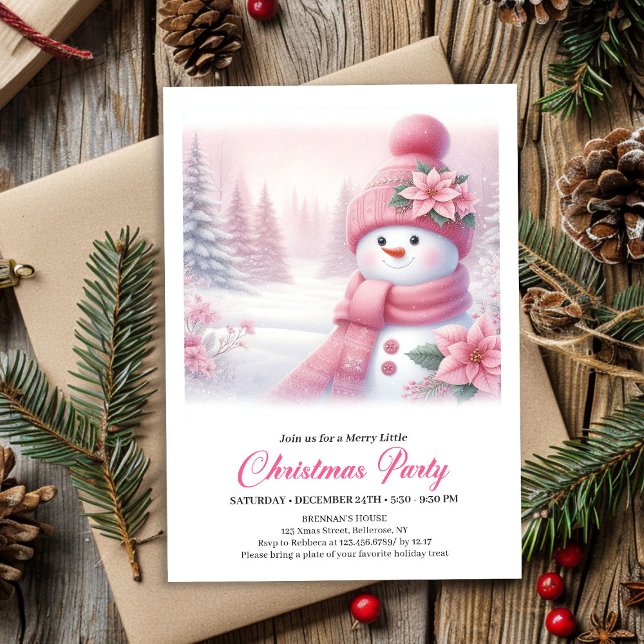Invitation Gentle Pink Snowman Editable Christmas Invite  (Gentle Pink Snowman Editable Christmas Invite Digital File)