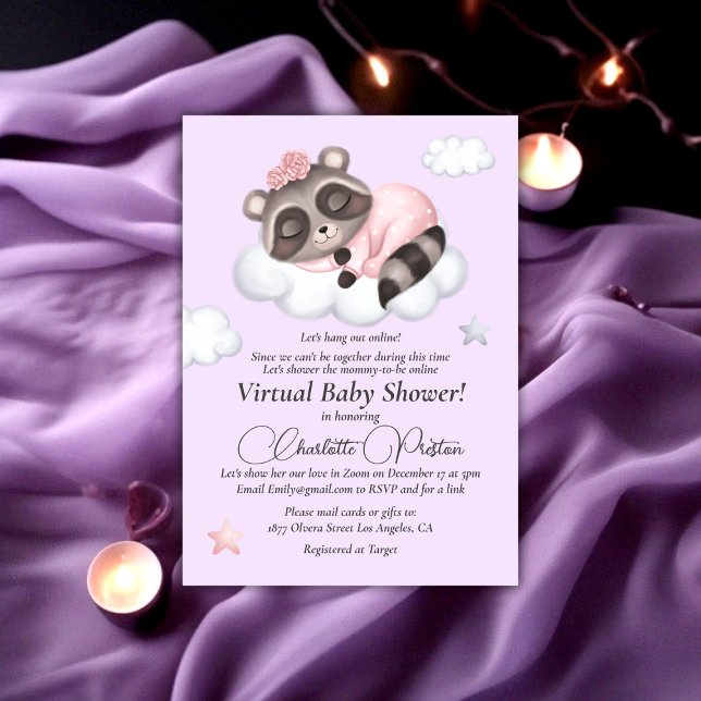 Invitation Gentle Raccoon animal Baby shower virtuel fille (Gentle Raccoon Animal Girl Baby Shower Virtual Invitation)