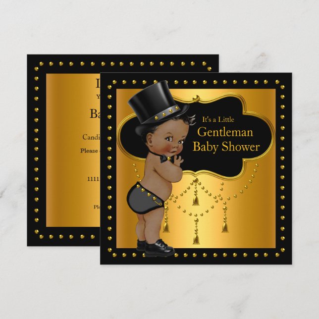 Invitation Gentleman Baby shower Cute Boy Tophat Ethnique (Devant / Derrière)