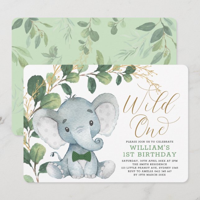 Invitation Gentleman Elephant Wild One Green 1er Anniversaire (Devant / Derrière)