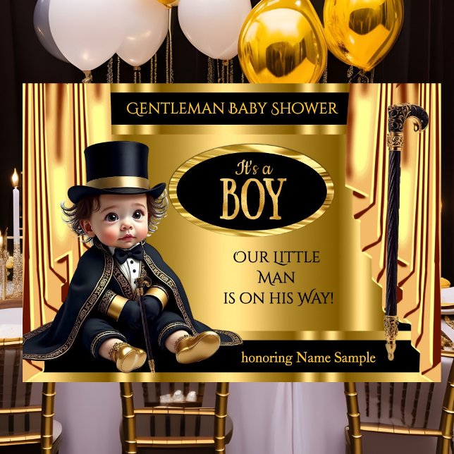 Invitation Gentleman Tophat Baby shower Black Gold Draps (Créateur téléchargé)