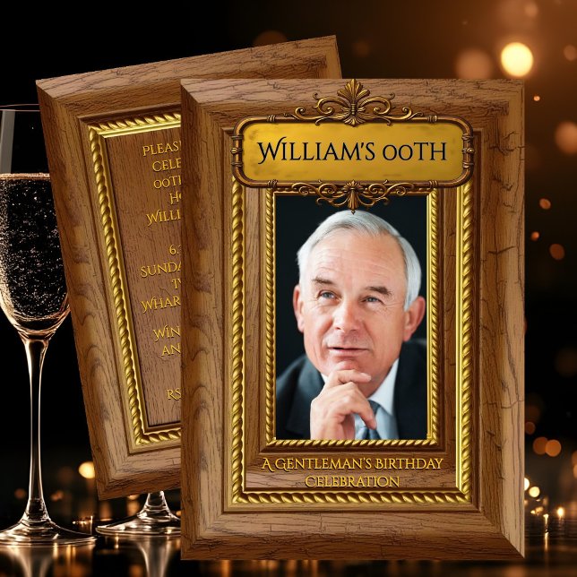Invitation Gentlemen Elegant Rustic Gold Wood Photo Birthday (Créateur téléchargé)