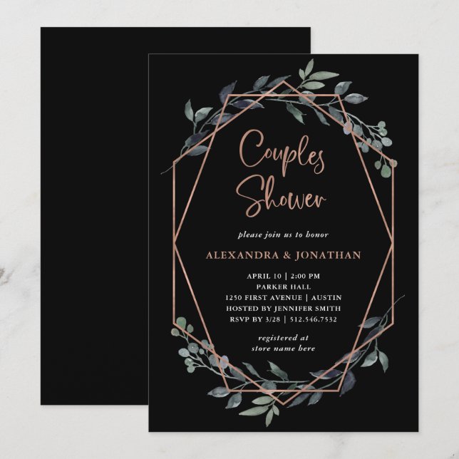 Invitation Geo Black vert | Douche rose Gold Couples (Devant / Derrière)