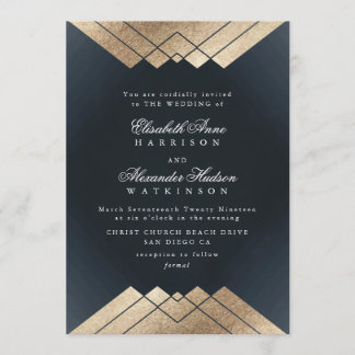 Invitation Geo Dark Navy Gold Gatsby Mariage de calligraphie