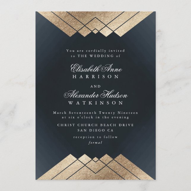 Invitation Geo Dark Navy Gold Gatsby Mariage de calligraphie (Devant)