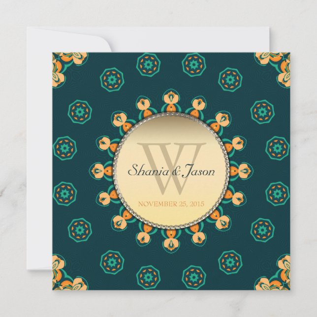 Invitation Geo Gems Circle Monogramme Turquoise Mariage or (Devant)