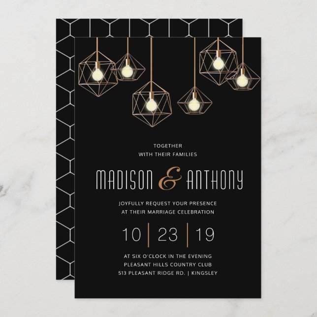 Invitation Geo Lights Black and Gold Modern Mariage géométriq (Devant / Derrière)