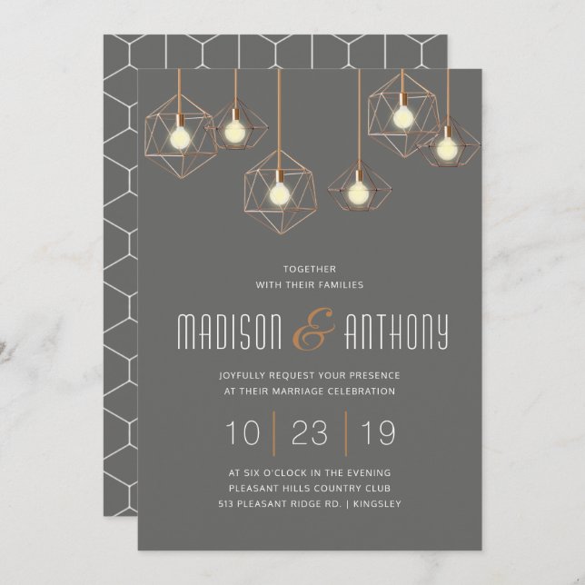 Invitation Geo Lights Charcoal Grey Moderne Mariage géométriq (Devant / Derrière)