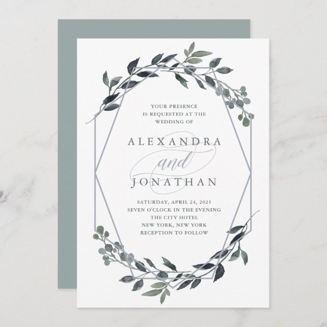 Invitation Geo vert | Mariage argenté (Devant / Derrière)