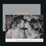Invitation Geo Wedding | Faux Cuivre avec Photo Enregistrer l<br><div class="desc">Cette carte de save the date de mariage moderne et tendance présente un design géométrique à l'aspect de cuivre faux avec votre photo. Vos informations de mariage se trouvent au verso.</div>