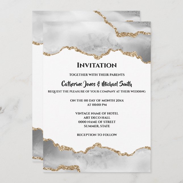 Invitation Géode aquarelle faux or blanc agate élégant (Devant / Derrière)