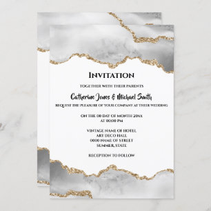 Invitation Géode aquarelle faux or blanc agneau élégant