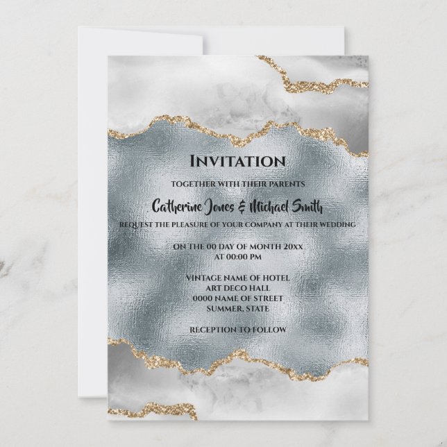 Invitation Géode aquarelle or argent blanc agate chic (Devant)