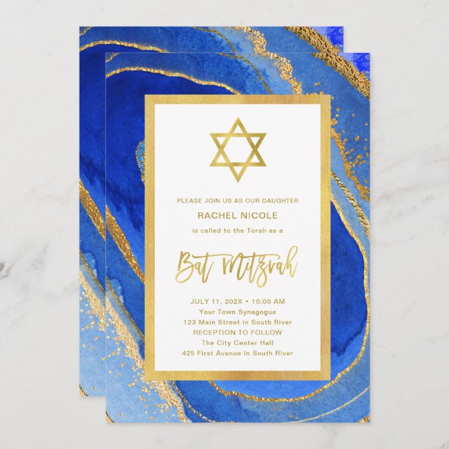 Invitation Géode bleu et or | Étoile de David Bat mitzvah (Devant / Derrière)