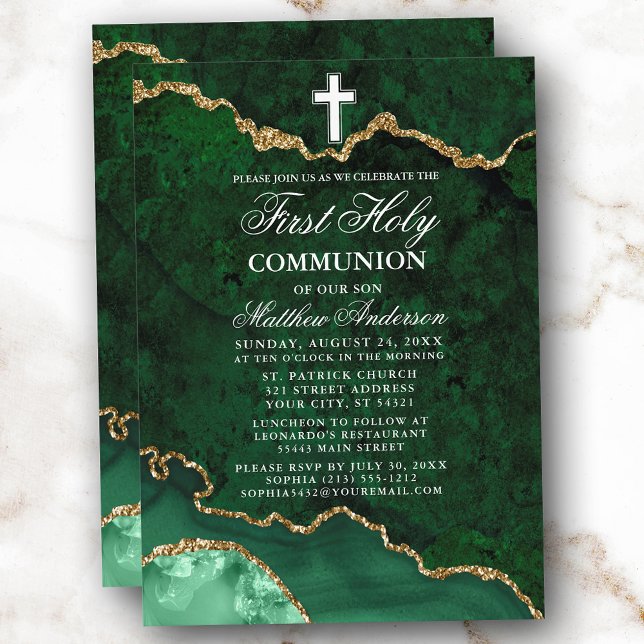 Invitation Géode d'âge en marbre vert d'or Première communion (Customize to change text size or text style.)